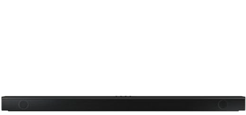 Barra de sonido Samsung negra 3.1 canales con diseño minimalista y subwoofer inalámbrico compacto negro visible detrás.