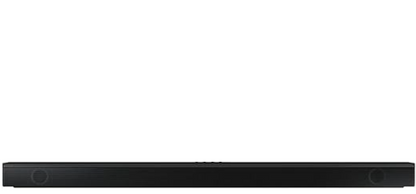 Barra de sonido Samsung negra 3.1 canales con diseño minimalista y subwoofer inalámbrico compacto negro visible detrás.