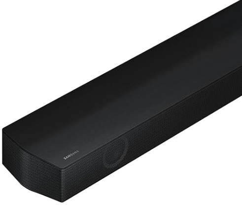 Barra de sonido negra Samsung 3.1 canales con rejilla frontal y diseño angular elegante.