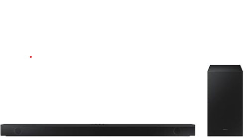 Barra de sonido Samsung negra, diseño delgado, con subwoofer inalámbrico rectangular negro.