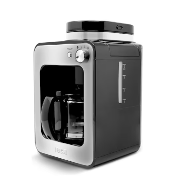 Cafetera negra y gris con molino integrado, jarra de vidrio y controles frontales compacta para 4 tazas.