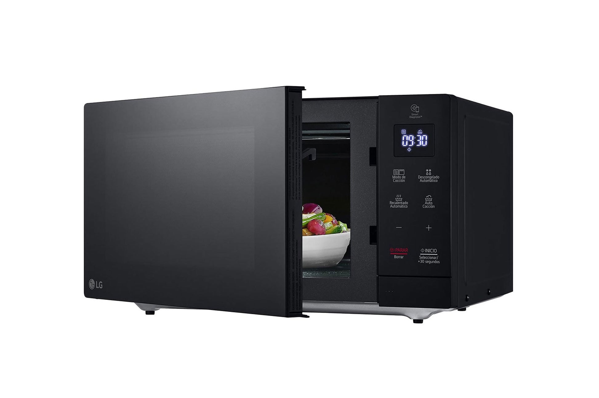 Horno microondas LG negro 1.1 pies con panel táctil digital y puerta abierta mostrando interior con plato y fruta.
