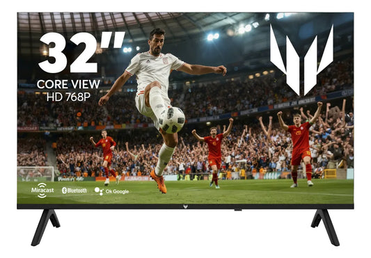 Pantalla Smart TV Thorus 32 pulgadas HD 768p con base tipo patas negras y imagen deportiva en pantalla.