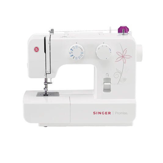 Máquina de coser Singer blanca con 12 puntadas, dial selector y diseño floral rosa claro.