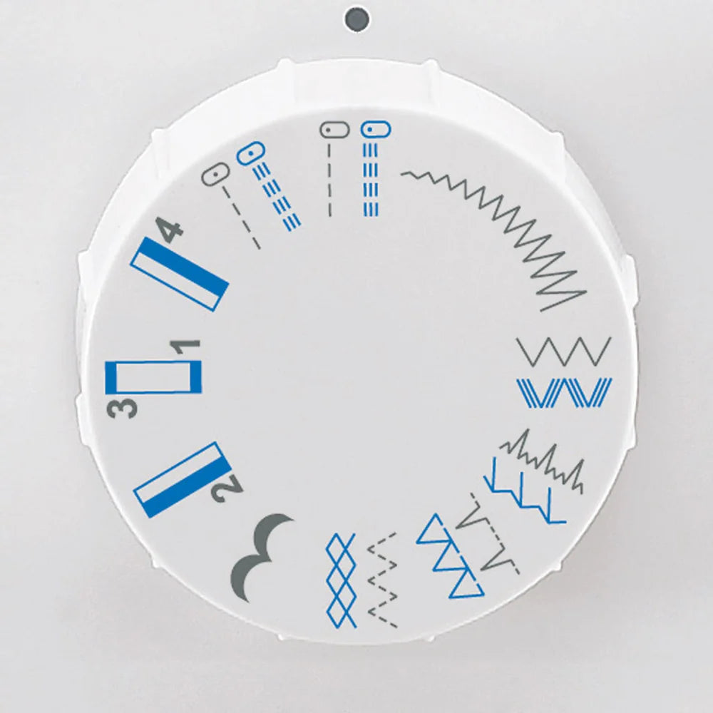 Dial blanco para máquina de coser con símbolos azules y negros de 12 puntadas diferentes.