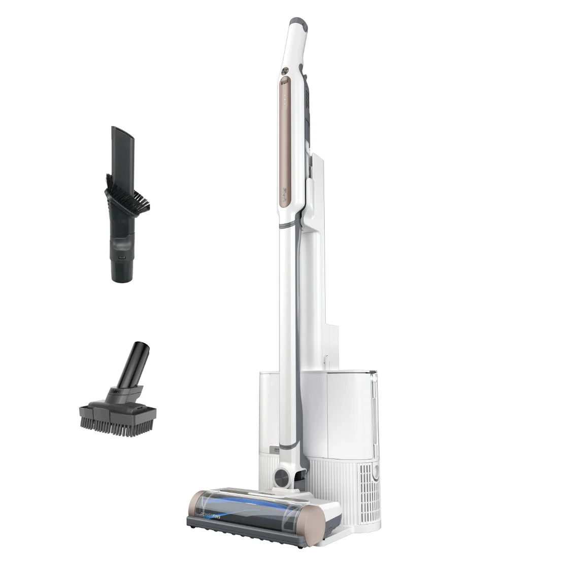 Aspiradora robot inalámbrica blanca Shark con base de autovaciado y accesorios desmontables.