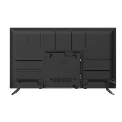 Pantalla Smart TV Sansui 40" Full HD trasera negra con soporte en dos patas angulares.