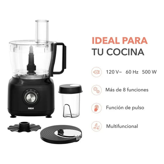 Procesador de alimentos negro RCA 8 en 1 con vaso grande, vaso pequeño y accesorios incluidos.