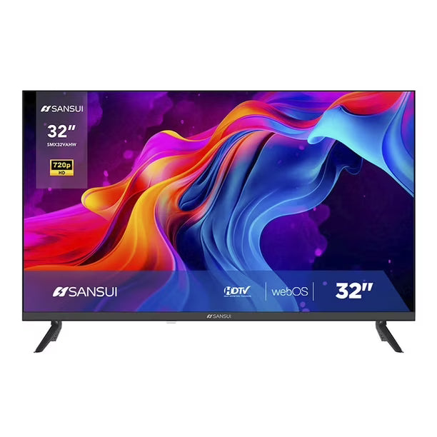 Pantalla Smart TV Sansui 32 pulgadas con base negra y imagen colorida vibrante.