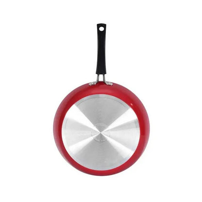 Sartén rojo antiadherente Tramontina con base de acero inoxidable y mango negro ergonómico.