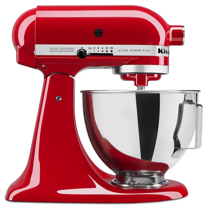 Batidora de pie KitchenAid roja 6 cuartos con tazón de acero inoxidable pulido.