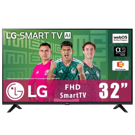 Pantalla LG Smart TV 32" con diseño delgado, bordes finos y base en patas negras.