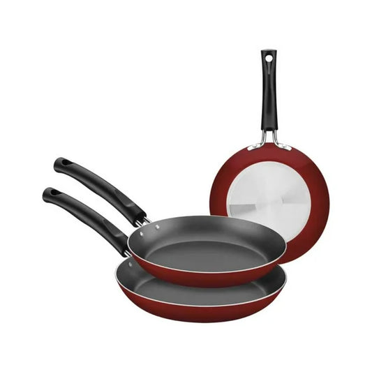 Set de tres sartenes Tramontina Chelsea rojo con interior antiadherente y mango ergonómico negro.