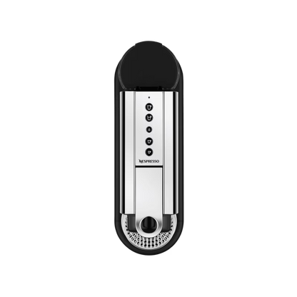 Cafetera Nespresso Citiz plateada con panel frontal liso y botones verticales negros.