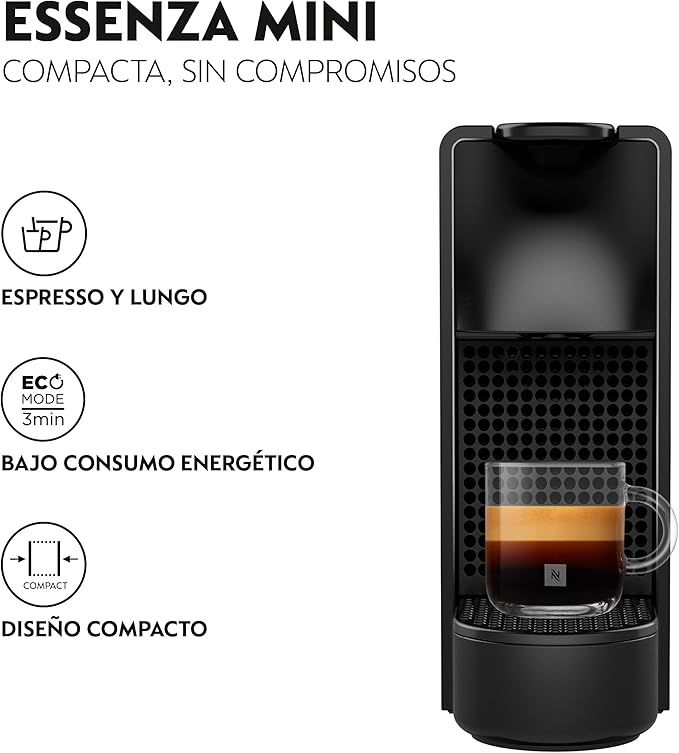 Cafetera Nespresso Essenza Mini negra, diseño compacto, taza con espresso visible, botón superior.
