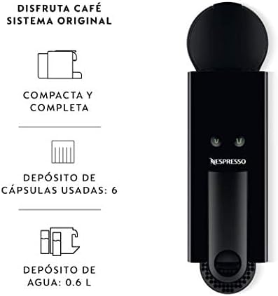 Cafetera Nespresso Essenza Mini negra, ultra compacta con depósito para cápsulas usadas y agua, diseño vertical.