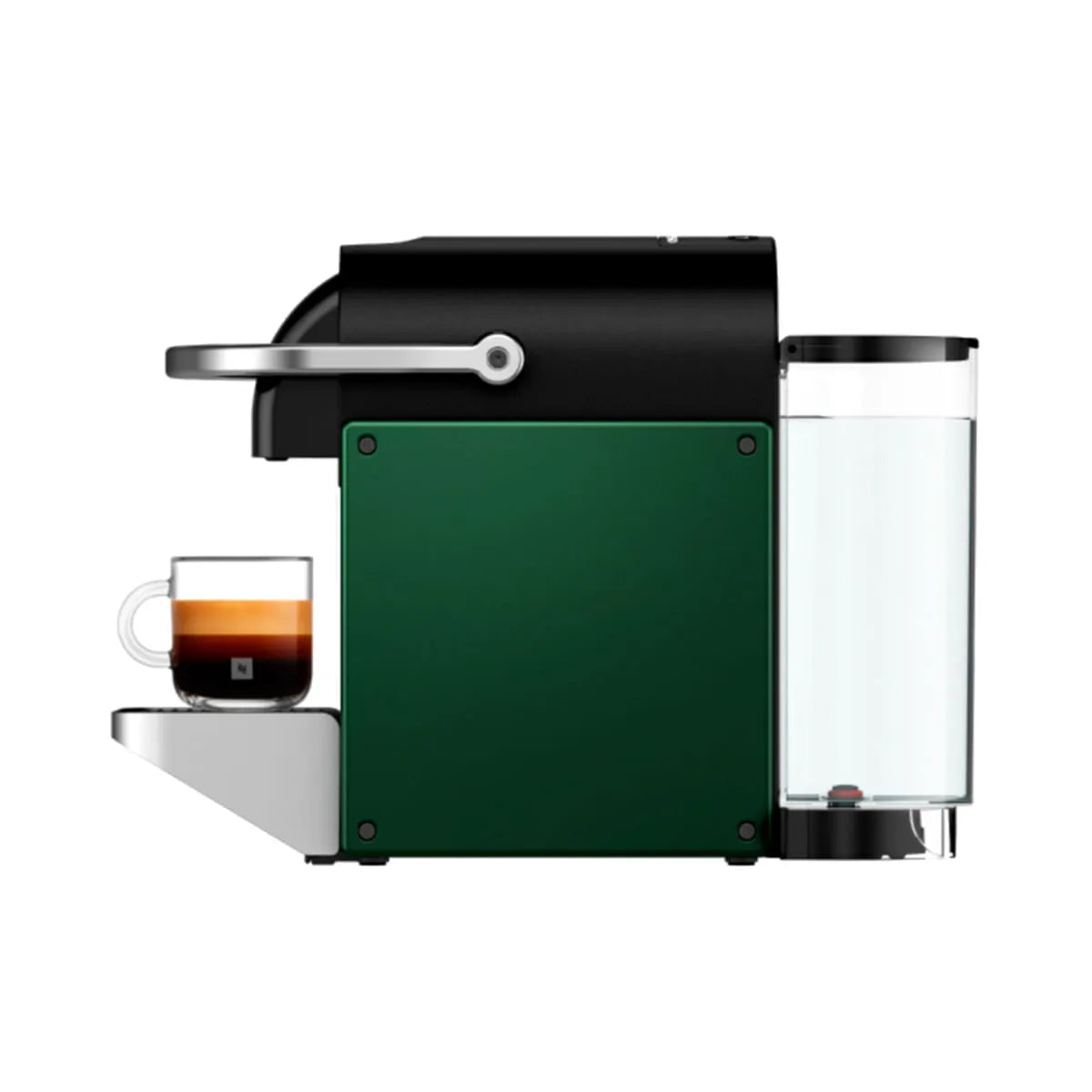 Cafetera Nespresso Pixie verde metalizada con depósito transparente y bandeja de acero inoxidable.