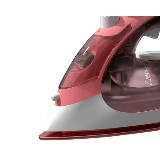 Plancha compacta Oster color rosa con base antiadherente y depósito de agua translúcido.