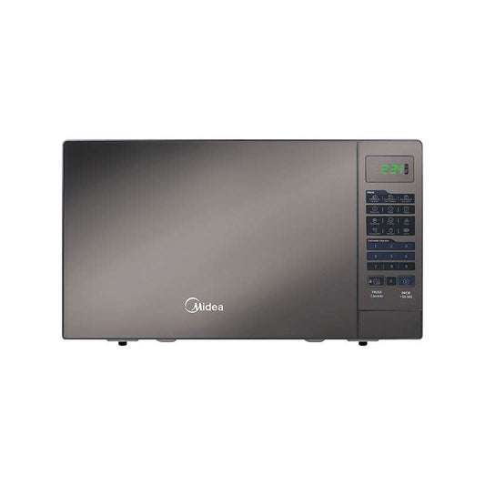 Horno microondas Midea compacto color plateado con panel digital y botones táctiles.