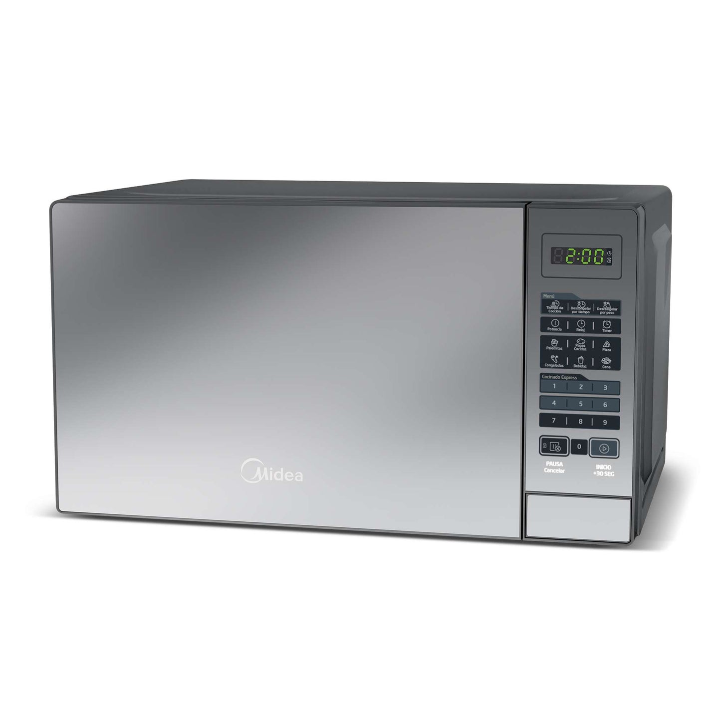 Microondas compacto Midea color plateado con panel digital y botones táctiles en lado derecho.