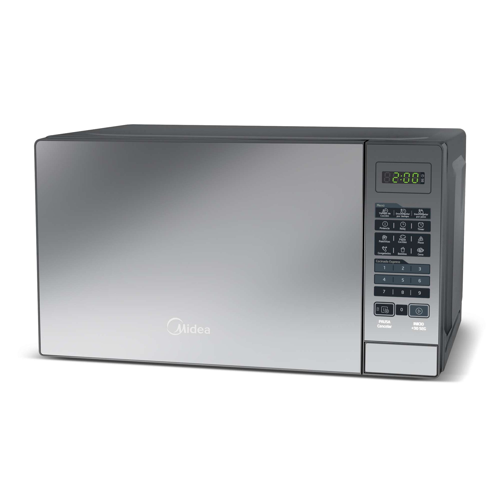 Microondas compacto Midea color plateado con panel digital y botones táctiles en lado derecho.
