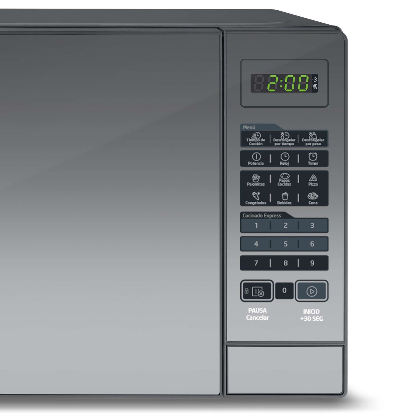 Microondas compacto Midea plata con panel digital y botones táctiles en el costado derecho.