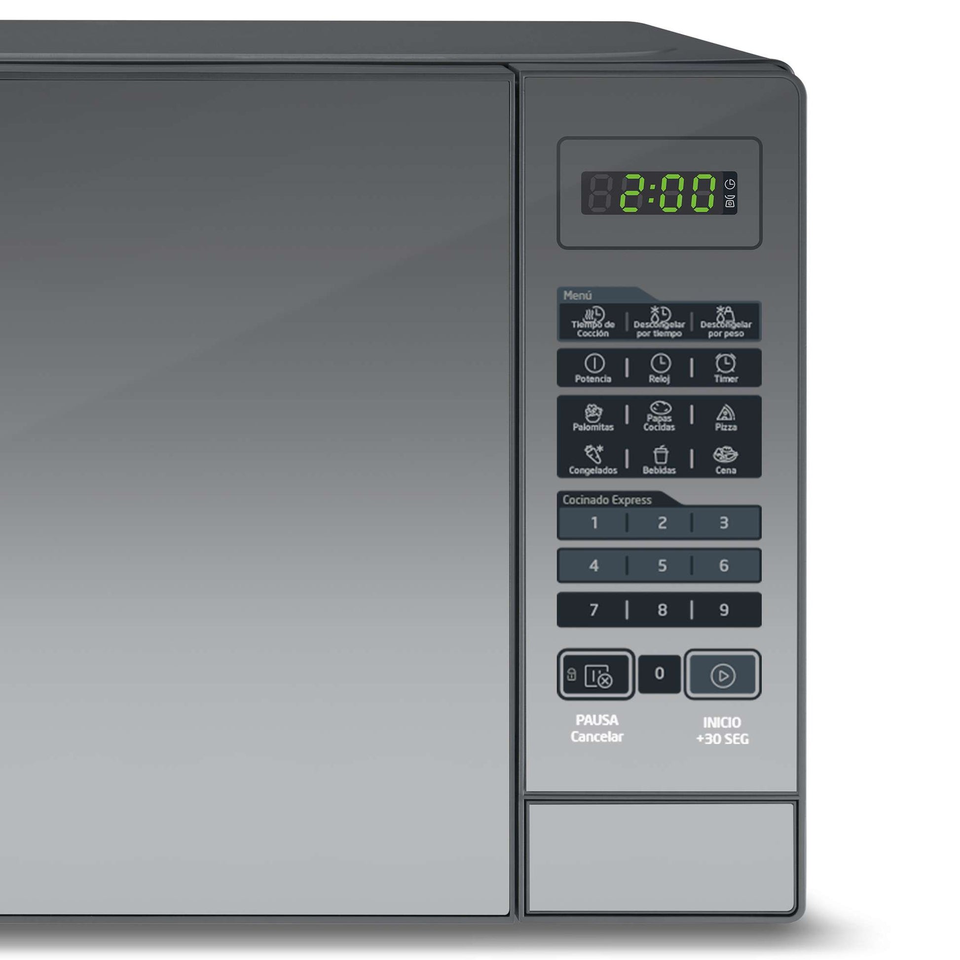 Microondas compacto Midea plata con panel digital y botones táctiles en el costado derecho.