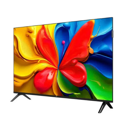 Televisor TCL 32 pulgadas con pantalla QLED 2K y soporte angular negro.