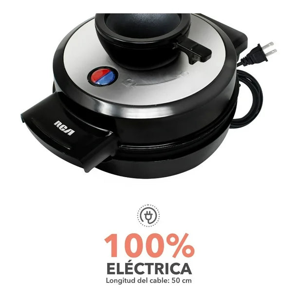Waflera eléctrica negra y plateada RCA estilo volcán con medidor y cable integrado.