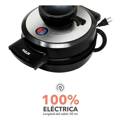Waflera eléctrica negra y plateada RCA estilo volcán con medidor y cable integrado.