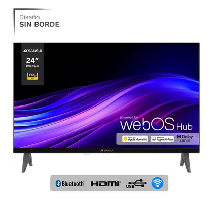 Pantalla Smart TV Sansui 24" HD sin bordes con sistema WebOS, soporte negro y logos de conectividad Bluetooth, HDMI, USB y.