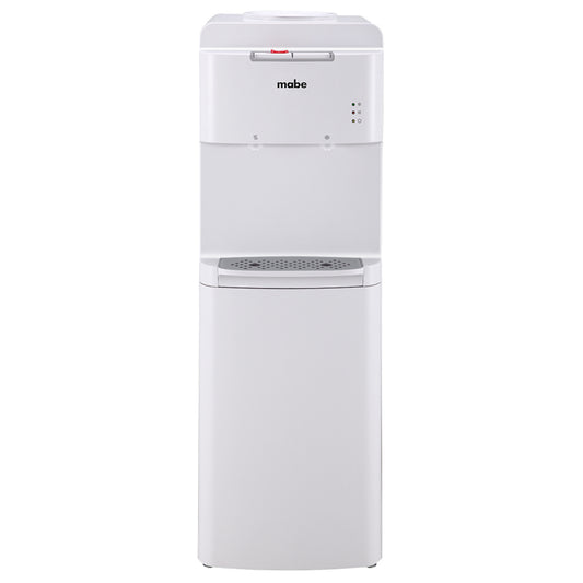 Dispensador de agua Mabe blanco con dos llaves para agua fría y caliente y bandeja antigoteo.