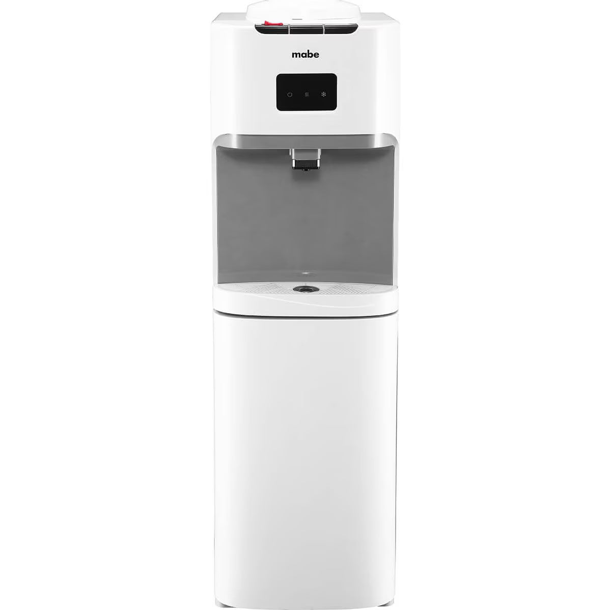 Dispensador de agua Mabe blanco con base y panel frontal gris, 3 llaves para agua frío, caliente y natural.