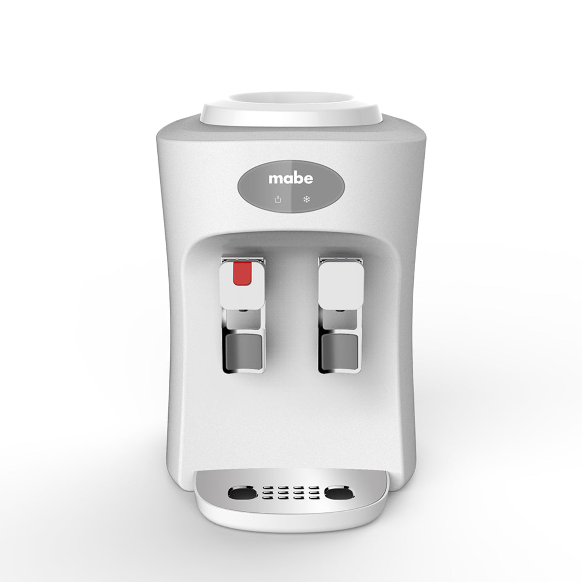 Dispensador de agua Mabe blanco con dos llaves, indicador rojo para agua caliente y blanco para fría, diseño compacto y.