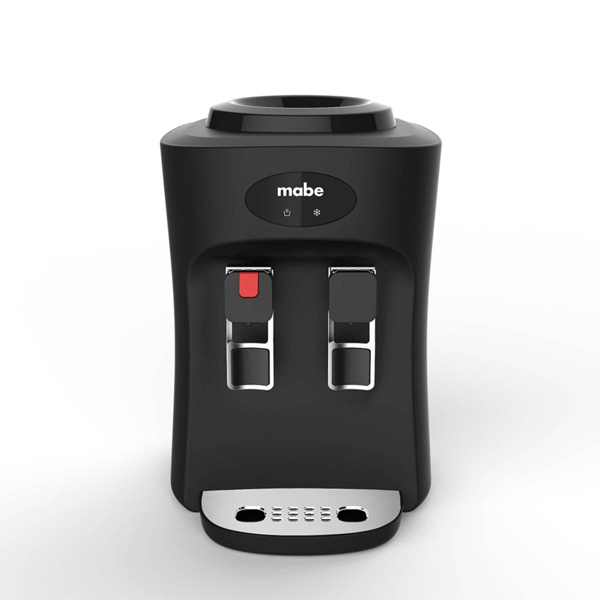 Dispensador de agua Mabe negro de mesa con dos llaves para agua fría y caliente.