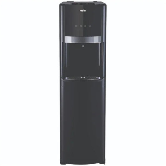 Dispensador de agua Mabe negro con capacidad 33L, diseño moderno y dispensadores para agua caliente y fría.