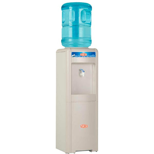 Dispensador de agua blanco Puresa C-500 con botella azul, grifos para agua fría y caliente.