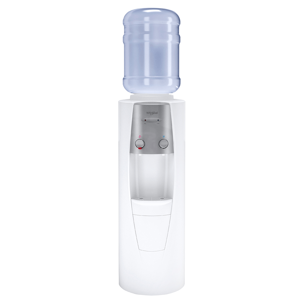 Dispensador de agua blanco Whirlpool con tanque de 19 litros y llaves para agua fría y caliente.