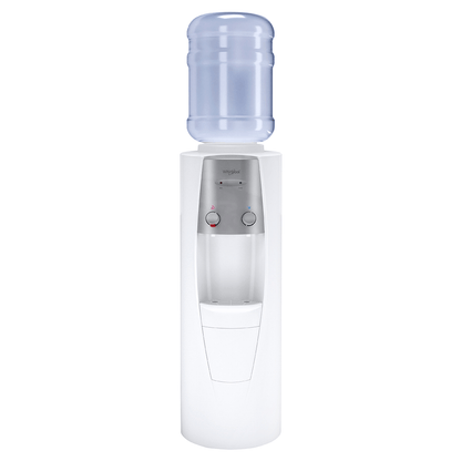 Dispensador de agua blanco Whirlpool con tanque de 19 litros y llaves para agua fría y caliente.