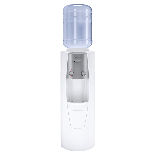 Dispensador de agua blanco Whirlpool con tanque de 19 litros y llaves para agua fría y caliente.