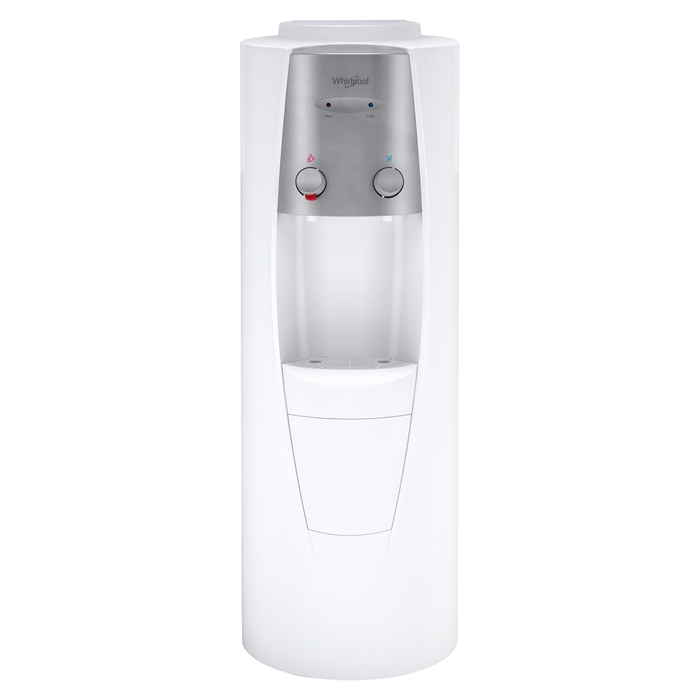 Dispensador de agua Whirlpool blanco con dos llaves para agua fría y caliente, capacidad 19L.