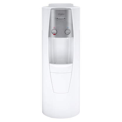 Dispensador de agua Whirlpool blanco con dos llaves para agua fría y caliente, capacidad 19L.