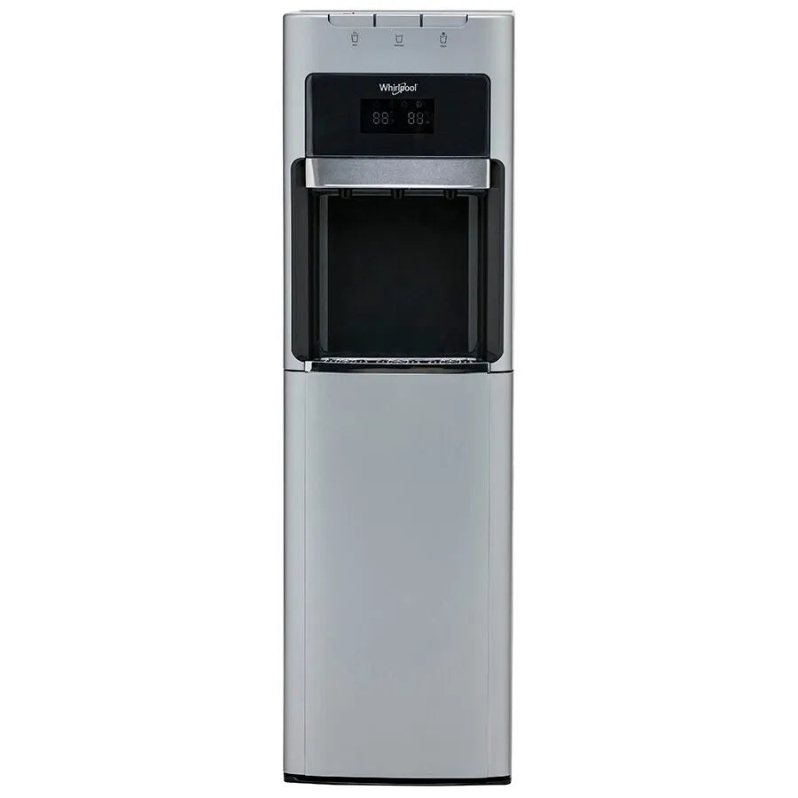 Dispensador de agua Whirlpool gris con garrafón oculto y tres llaves en área negra superior.