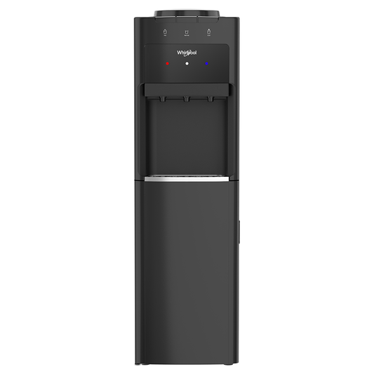 Dispensador de agua Whirlpool negro con 3 llaves y refrigerador integrado de diseño moderno.