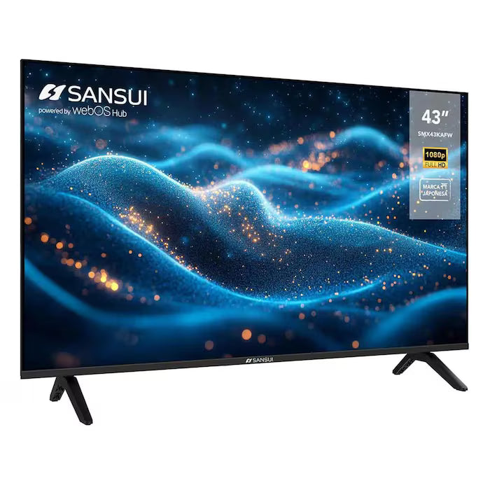 Pantalla Smart TV Sansui 43 pulgadas Full HD 4K con soporte WebOS y diseño delgado negro.