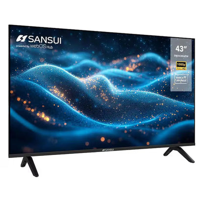 Pantalla Smart TV Sansui 43 pulgadas Full HD 4K con soporte WebOS y diseño delgado negro.