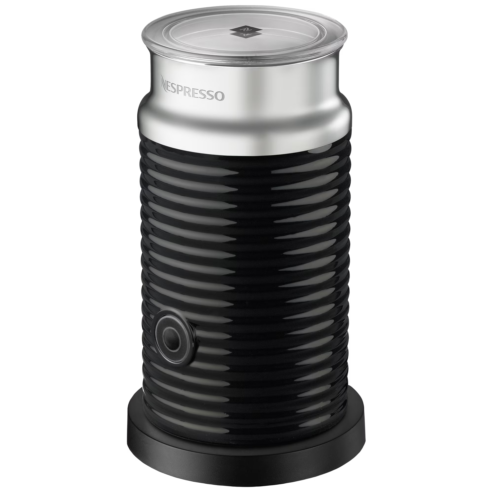 Espumador de leche Nespresso Aeroccino 3 negro con cuerpo acanalado y tapa plateada transparente.