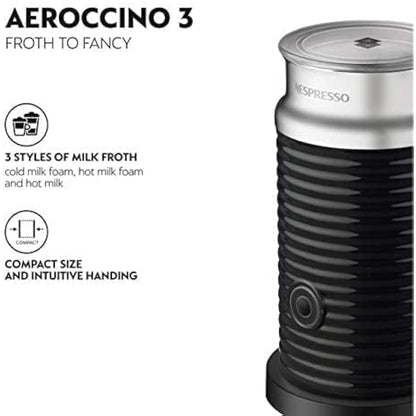 Espumador de leche Nespresso Aeroccino 3 negro con cuerpo acanalado y tapa metálica transparente.