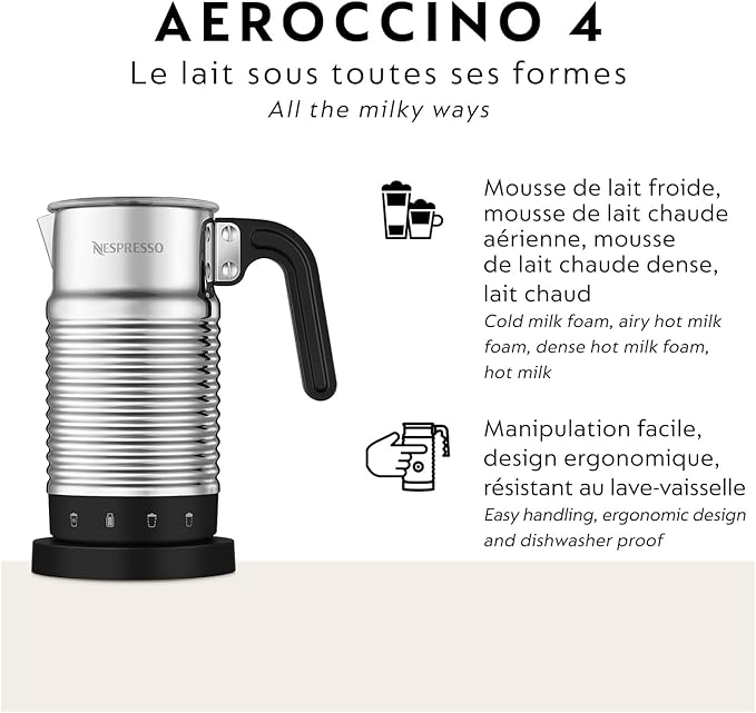Espumador de leche Nespresso Aeroccino 4 plateado con base negra y mango ergonómico.
