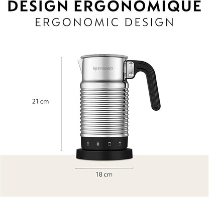 Espumador de leche Nespresso Aeroccino 4 acero inoxidable con base negra y diseño ergonómico.